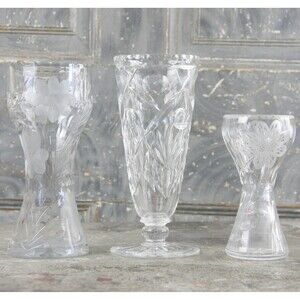 Set of 3 Clear Crystal and Etched Cut Crystal Vases, vintage